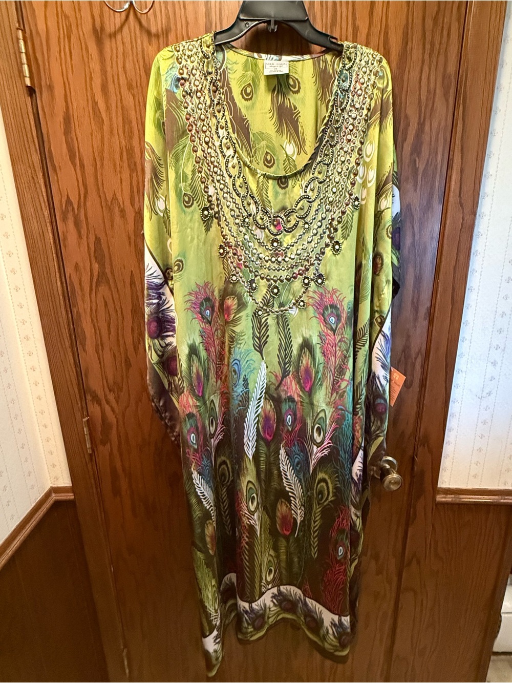 Gold Coast Green Peacock Feathers Kaftan Dress